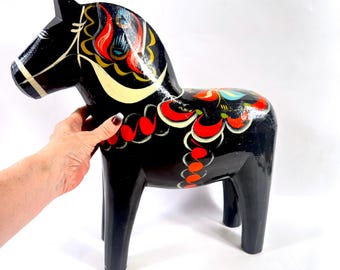Dala horse, large hand-painted swedish folk art, black, 42 cm