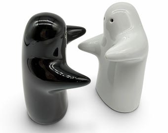 Ghost Salt Pepper Shakers, Vintage Ceramic Spooks, Hugging Kitsch Cruet Set