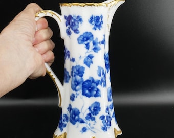 Vintage Gerold Porzellan Bavaria Pitcher: Blue Floral Gold Accent Jug