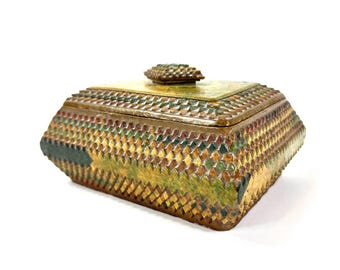 Tramp Art Box Hand Carved Wood, Lidded Folk Art, 1900–1920s