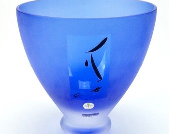 Kosta Boda Art Glass blue Vase - hand painted decorative signed vase.