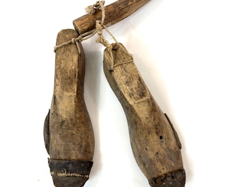 Vintage Wooden Shoe Lasts – Rustic Cobbler Decor with Leather Toe Caps, Early 20th Century