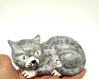 Vintage Ceramic Cat Figurine – Whimsical Grey Kitty Sculpture, 1970s