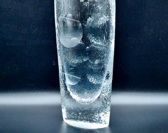 Finnish glass vase: mid-century ice textured design, 26cm