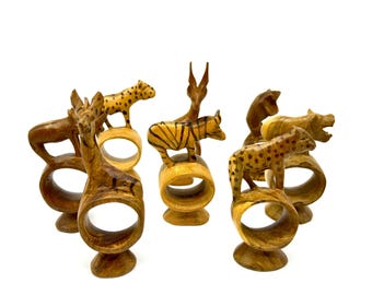 Hand-carved wood animal napkin rings: african safari folk art set