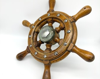 Vintage Wooden Ship Wheel: Mid-Century Nautical Decor with Brass Inlay