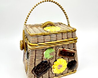 Tarro de cerámica para galletas, bote para galletas con diseño de cesta de mimbre, decoración de cocina vintage