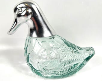 Vintage Glass Duck Decanter – Clear with Silver Head, 22 cm