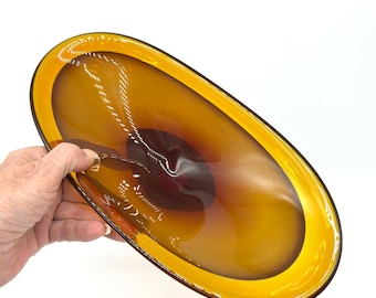 Art Glass Bowl, Murano Style Amber, Hand Blown Mid-Century