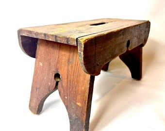 Antique Wooden Stool Rustic Swedish Folk Art Farmhouse Bench