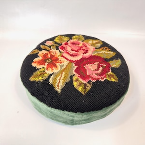 Vintage Footstool, Floral Needlepoint Antique Cottagecore Decor