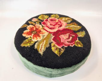 Vintage Footstool, Floral Needlepoint Antique Cottagecore Decor