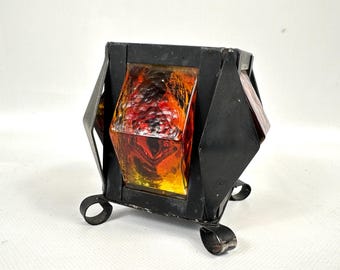 Scandinavian Art Glass Candle Holder – Vintage 1970s Metal & Amber Glass by Elfwing, Sweden