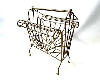 Antique Iron Magazine Rack, Gold Painted Newspaper Stand, Early 20th Century