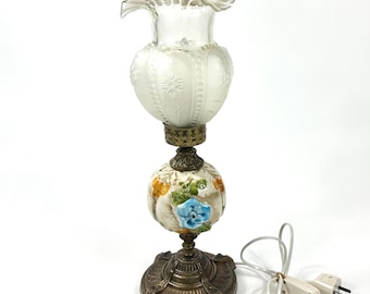 Italian Porcelain Table Lamp with Glass Shade & Brass Base, 46cm
