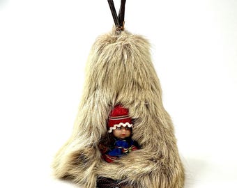 Lapland Sami Doll in Reindeer Skin Teepee | Scandinavian Folk Art
