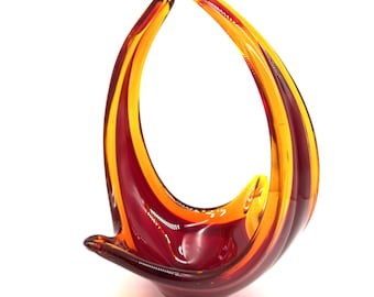 Vintage Murano Style Spanish Glass Sculpture – Viartec Selenium Red & Orange Art Glass Basket, 1950s–60s