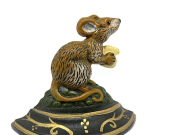 Cast Iron Mouse Doorstop – 1970s Hand-Painted Door Stopper, Mouse with Cheese