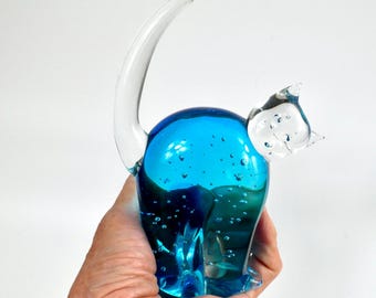 Scandinavian Blue Glass Cat Sculpure – Vintage Hand-Blown, 1970s