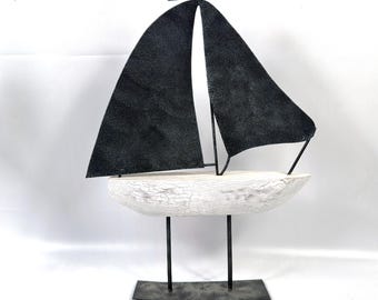 Sailboat sculpture – metal & wood scandinavian design, 45cm