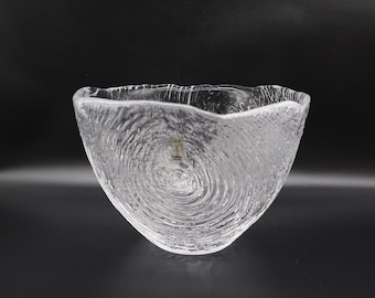 Vintage Skruf Glass Bowl – Textured Bark Design, Scandinavian Art Glass with Label, 20 cm