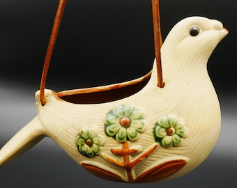 Ceramic Bird Planter, Scandinavian Hanging Pot, Beige Glaze with Green Flowers, 1970s Sweden