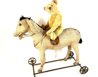 Burro de juguete Steiff para tirar, antiguo animal de montar alemán, c. 1910-1925