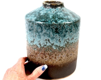 Vintage Fat Lava Studio Pottery Vase – Turquoise & Brown Glazed Stoneware, 1970