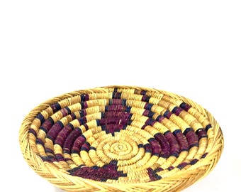 African handwoven basket - mid-century coiled raffia bowl