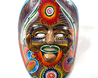 Vintage hand-painted mexican clay mask: folk art wall decor