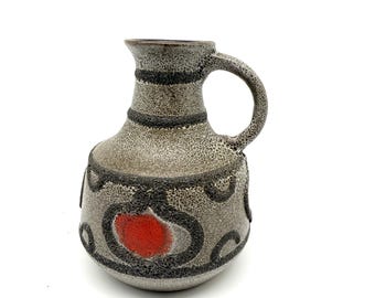 Vintage West German Fat Lava Jug Vase – 6" Textured Pottery with Red Accents, 1960s