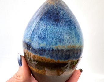 Danish Studio Pottery Vase – Blue Drip Glaze Egg Form, Shield Mark 551, 1970s