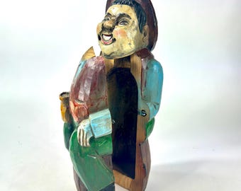 Vintage Hand-Carved Wooden Wine Container – Jolly Man Figure Holding a Stein