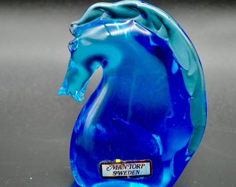 Vintage Blue Glass Horse Figurine paperweight from Sweden with original label