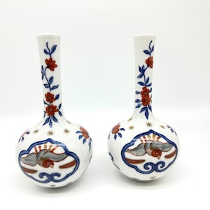 Pair of vintage imari style floral birds bud vases baveria heinrich h&c , 1960s