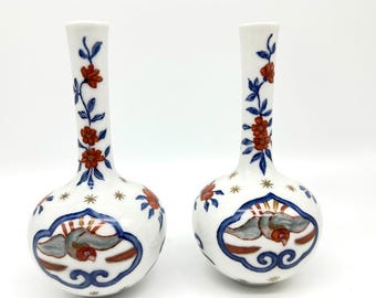 Pair of vintage imari style floral birds bud vases baveria heinrich h&c , 1960s