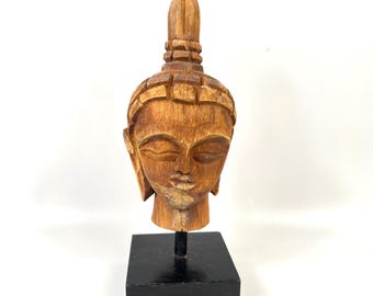 Carved Wooden Buddha Head, Vintage Asian Sculpture