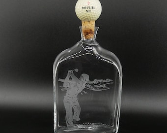 Vintage whiskey decanter with etched golfer and golf ball stopper - perfect golf gift for dad or husband - golfing gift