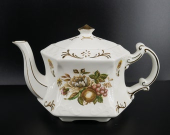 Vintage Wood & Sons Ironstone Teapot: White and Gold Floral England