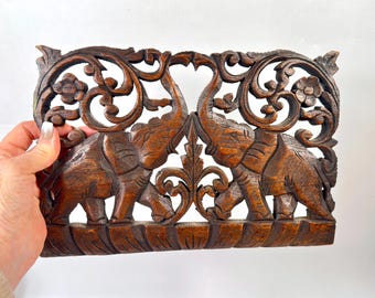 Vintage hand-carved wooden elephant panel – decorative wall art, 30cm