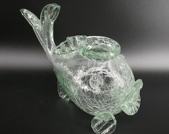 Vintage Crackle Glass Fish Vase - Scandinavian Decor - Designed by Ture Berglund