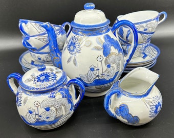 Vintage Japanese Porcelain Tea Set: Blue and White Eggshell China