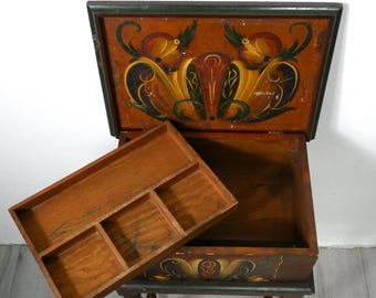 Swedish Kurbits Table, Hand Painted Folk Art Chest 1940, Decorative Storage