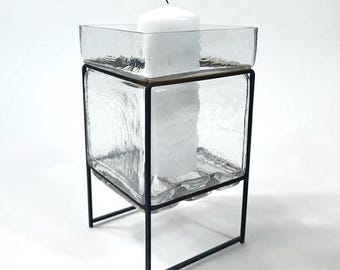 Vintage Scandinavian Glass Candleholder – Mid-Century Modern Glass & Iron Candle Holder, Minimalist Nordic Decor