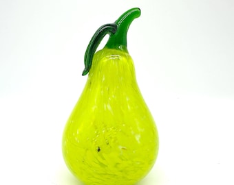 Kosta Boda Glass Pear – Mid-Century Hand-Blown Yellow Fruit Sculpture with Leaf