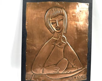 Copper relief wall plaque – woman with cat, signed karski, mid-20th century