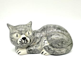Vintage Hand-Painted Ceramic Cat Figurine – Dated 1977 – Whimsical Grey Kitty Sculpture