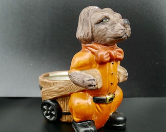 Vintage 1950s Chalkware Dog Figurine Planter: Retro Decor