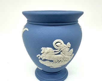 Vintage Wedgwood Blue Jasperware Vase – Classical Relief Scenes – Made in England