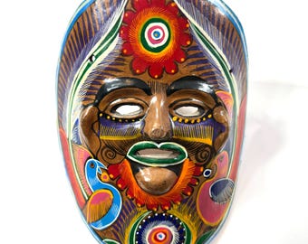 Vintage Hand-Painted Mexican Clay Mask: Folk Art Wall Decor